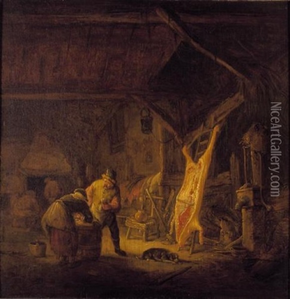 A Barn Interior With Peasants Standing Before A Hog Carcass, Other Figures Warming Themselves By A Fire Beyond Oil Painting - Isaac Van Ostade