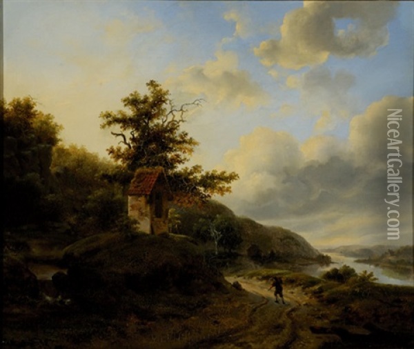 Traveller On A Countryroad In A Wide River Landscape Oil Painting - Jean Francois Xavier Roffiaen