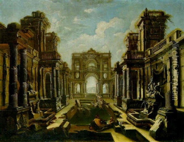 Capriccio Of Ruined Classical Palace Oil Painting - Giovanni Ghisolfi