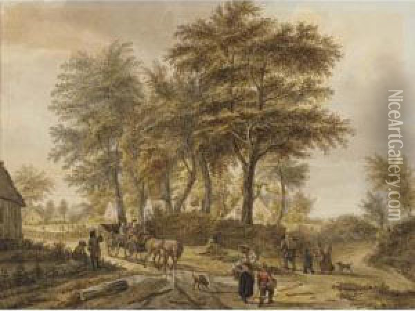 Landscape With Peasants, Cottages And Horse And Cart Oil Painting - Reinier Vinkeles