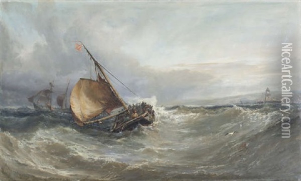 Fishing Boats Off The Coast, In Choppy Seas Oil Painting - Edwin Hayes
