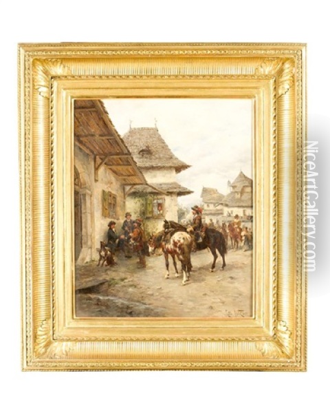 Historical Village Scene With Horses And Curassiers Oil Painting - Ludwig Gedlek