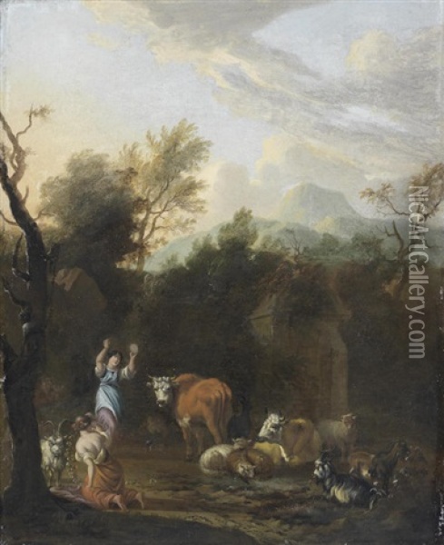 Drovers Watering Their Herd; And A Figure Dancing Amongst A Resting Herd Of Sheep, Cows And Goats (2) Oil Painting - Michiel Carree