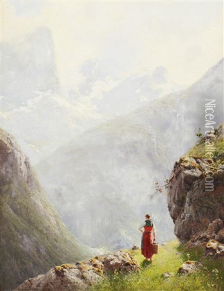 Admiring The Mountain View Oil Painting - Hans Andreas Dahl