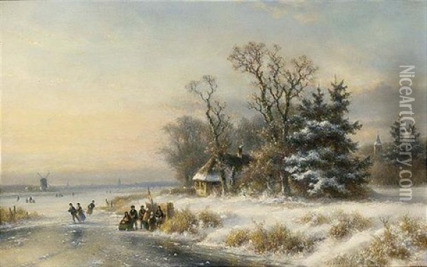 A Winter Landscape With Skaters Near A Koek En Zopie Oil Painting - Lodewijk Johannes Kleijn
