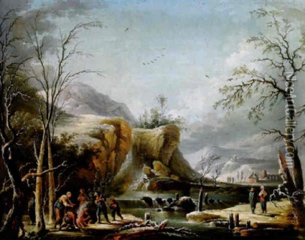 Gebirgige Winterlandschaft Mit Einem Wasserfall Und Figuren, Allegorie Des Winters Oil Painting - Jean Baptiste Charles Claudot