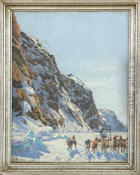 View From Greenland With Dog Sledge Oil Painting - Hans Julius Faester