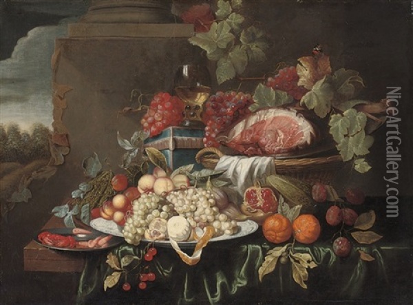 Grapes, A Joint Of Ham, Oranges, Pomegranites, By A Column Oil Painting - Jan Davidsz De Heem