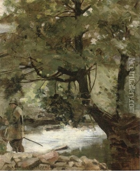 An Angler Beside A Wooded Stream Oil Painting - Blandford Fletcher