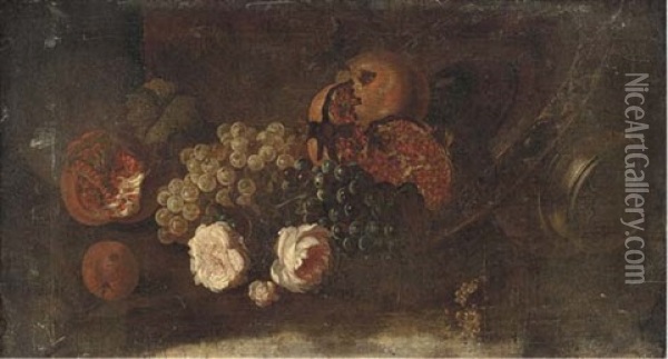 Grapes On The Vine, Pomegranates, Roses A Platter And An Urn In A Clearing Oil Painting - Abraham Brueghel