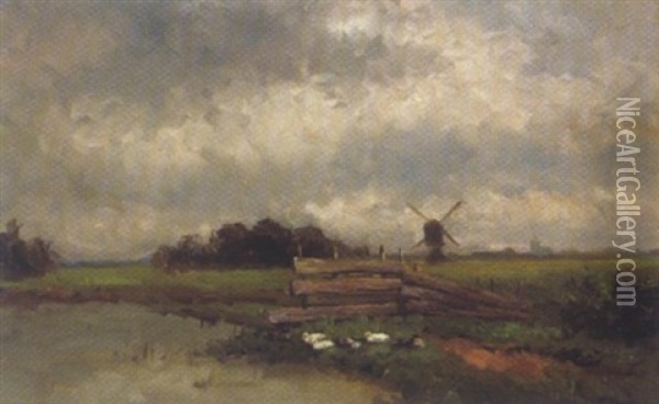 Fluslandschaft Mit Windmuhle Oil Painting - Berend Jan Brouwer