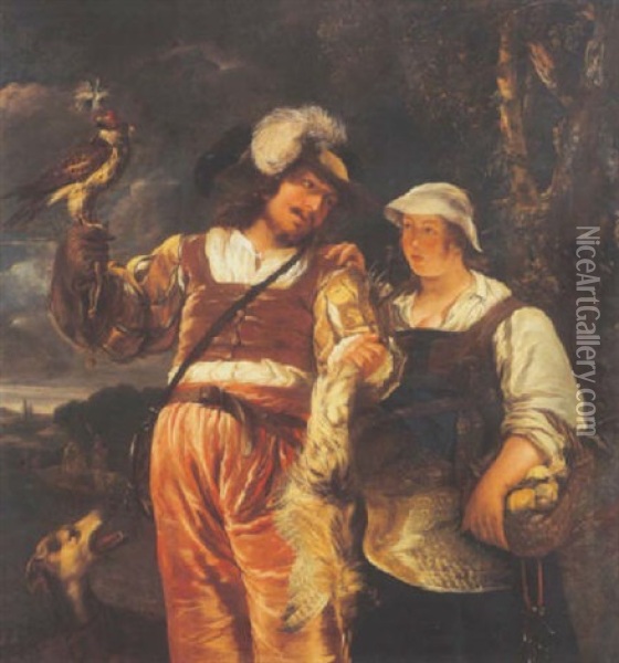Un Fauconnier Et Sa Femme De Retour De La Chasse Oil Painting - Jan van Noordt