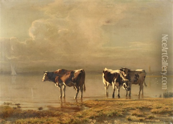 Vacas En Un Lago Oil Painting - Albert Lugardon