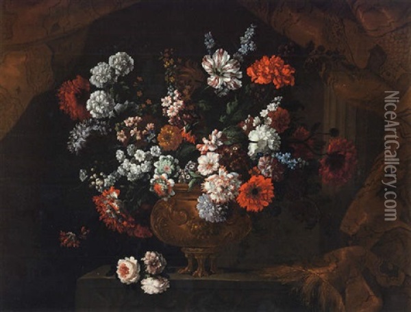 A Still Life Of Flowers In A Gilt Urn, Resting Upon A Stone Ledge Oil Painting - Pieter Casteels III