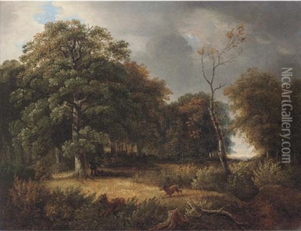 A Deer Stalker In A Wooded Landscape Oil Painting - Patrick Nasmyth