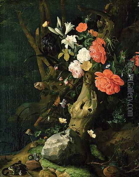 Still Life of Flowers on Woodland Ground, c.1690 Oil Painting - Rachel Ruysch