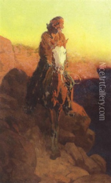 Native American On Horseback On A Cliff At Sunset Oil Painting - Frank Tenney Johnson