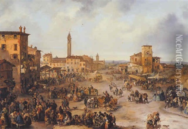 A View Of A Market Town And The Fair Of St. Allessandro In August/september In Bergamo(?) Oil Painting - Carlo (Le Ferrarin) Ferrari