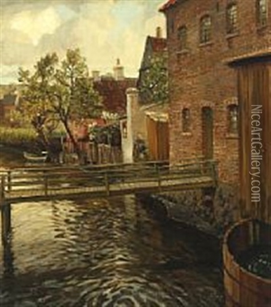 Scenery By A Canal With A Bridge And Houses Oil Painting - Carl Forup