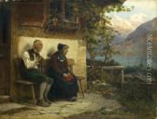 Feierabend. Altes Bauernpaar Vor Seinem Haus Sitzend Oil Painting - Benjamin I Vautier