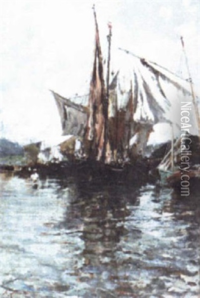 Fishing Boats At Anchor Oil Painting - Francisco Pradilla y Ortiz