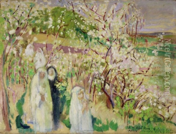 Les Communiantes, Arbres En Fleurs Oil Painting - Maurice Denis