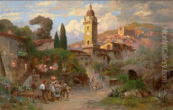 Malerisches Italienisches Kirchdorf Mit Figurenstaffage Und Schafherde Oil Painting - Alwin Arnegger