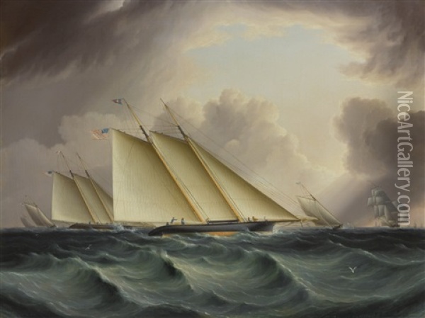 Racing In New York Harbor (fetching The Mark) Oil Painting - James Edward Buttersworth