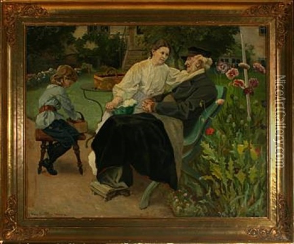 The Painters Family In The Garden Oil Painting - Viggo Pedersen