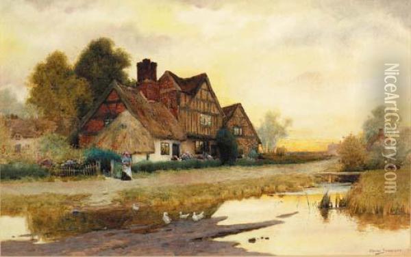 A Figure Before A Cottage At Market Drayton, Shropshire Oil Painting - Arthur Claude Strachan