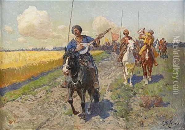 Riding Cossacks Oil Painting - Franz Roubaud