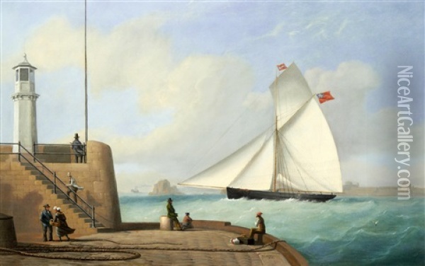 The Cutter Eclipse Passing The Old Lighthouse As She Enters St. Helier Harbour, Jersey Oil Painting - Philip John Ouless