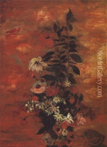 Flowers And Bird Oil Painting - Abraham Mintchine