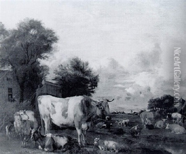 Vee Met Een Melkend Meisje Op De Achtergrond Oil Painting - Albert Jansz Klomp