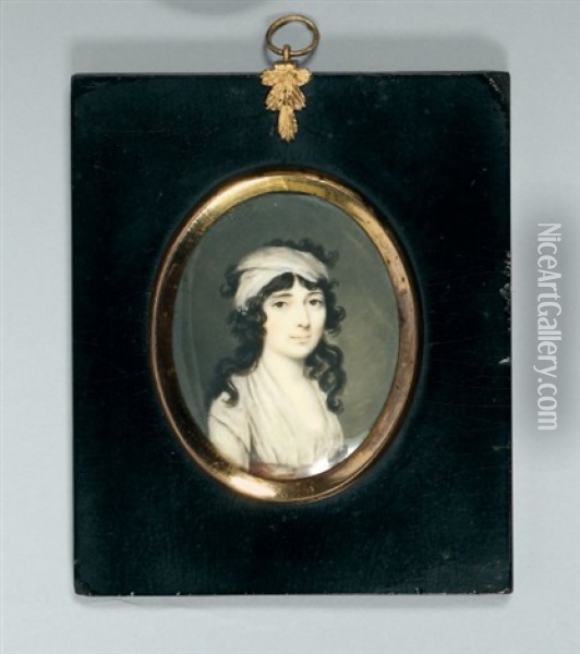 Portrait De Jeune Femme En Robe De Soie Blanche Et Foulard Retenant Sa Chevelure Oil Painting - Louis Alexandre