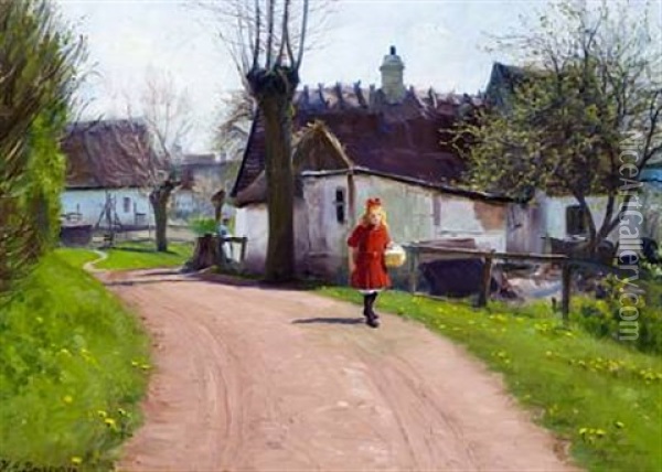 An Early Spring Day In The Village With A Little Girl In A Red Dress With Her Packed Lunch Oil Painting - Hans Andersen Brendekilde