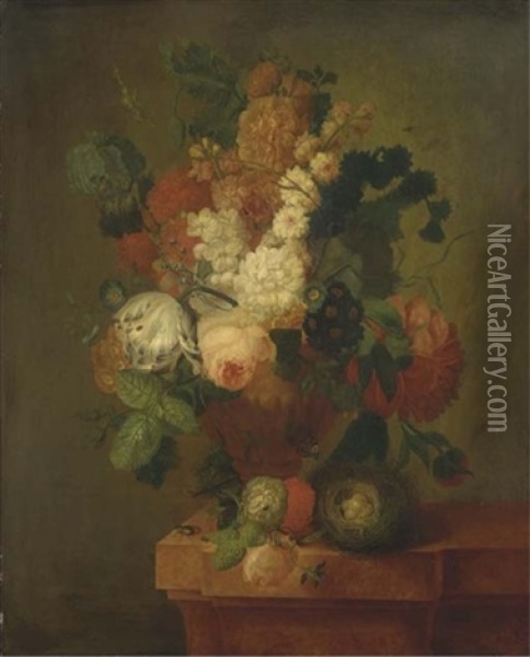 Bouquet De Fleurs Dans Un Vase Pose Sur Un Entablement Avec Un Nid D'oiseaux Oil Painting - Pieter Faes