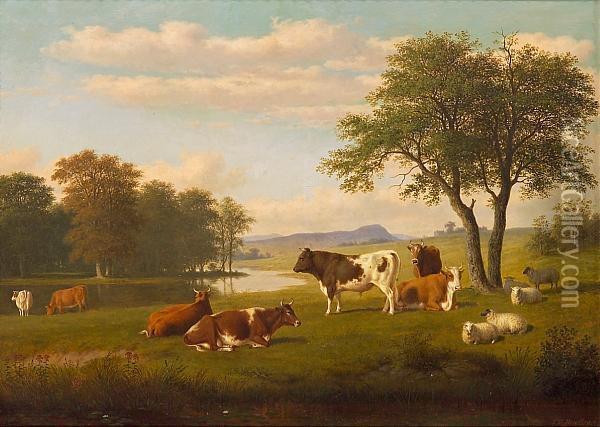 Cows And Sheep By A Stream Oil Painting - Thomas Hewes Hinckley