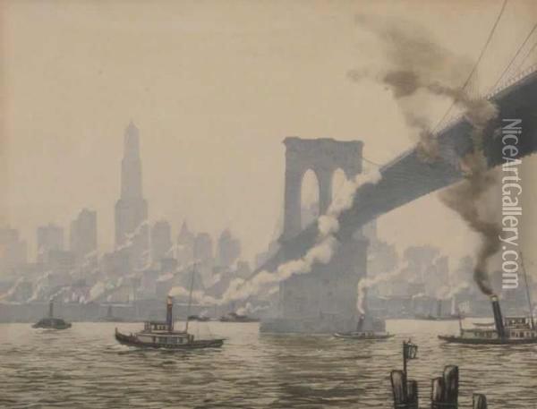 Brooklyn Bridge In New York Oil Painting - Tavik Frantisek Simon
