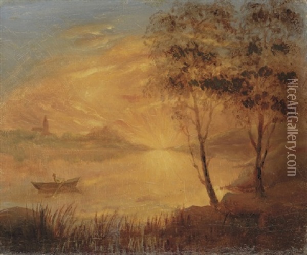 Skanskt Landskap Om Aftonen Strax Efter Solens Nedgang - Evening Landscape After Sunset, Skane Oil Painting - Carl Fredrik Hill