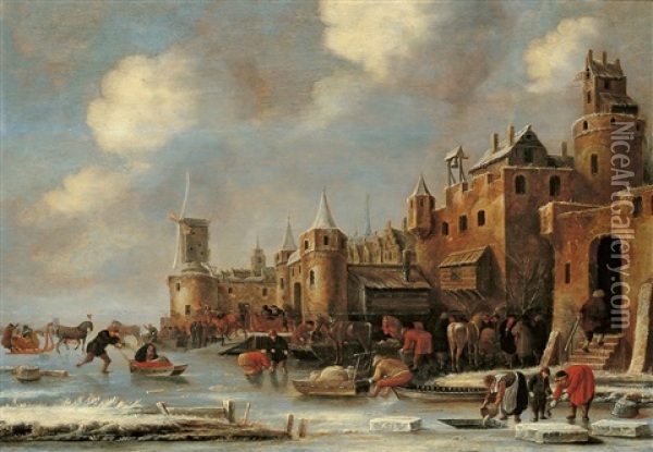 Eisvergnugen Vor Einer Stadtmauer Oil Painting - Thomas Heeremans