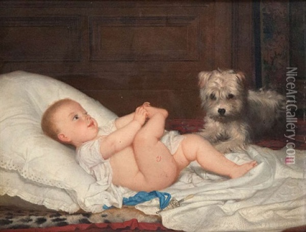 Enfant Sur Coussin Et Chien Oil Painting - Jan Frans Verhas