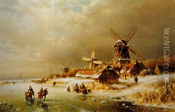 A Winter Landscape With Skaters Near A Mill Oil Painting - Lodewijk Johannes Kleijn