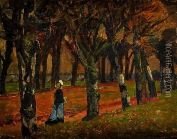 Elegante Dans Une Allee D'arbres Oil Painting - H. Bonjour