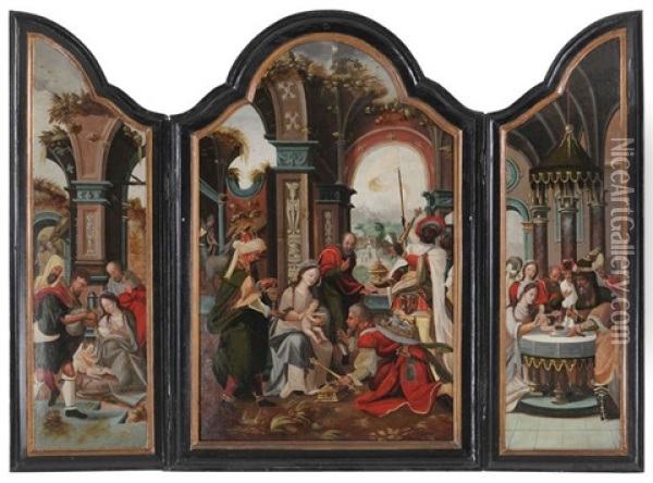 Triptyque Figurant L'adoration Des Mages (triptych) Oil Painting - Pieter Coecke van Aelst the Elder