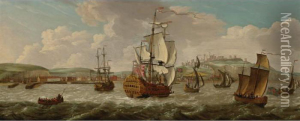 A British Man-of-war And Other Shipping Off Dover Oil Painting - Isaac Sailmaker