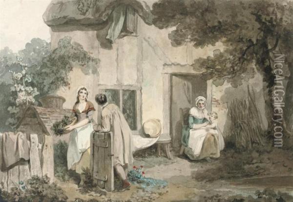 Figures Outside A Cottage Oil Painting - Francis Wheatley