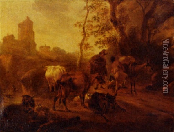 Travellers And A Drover On A Wooded Path Oil Painting - Jan Dirksz. Both