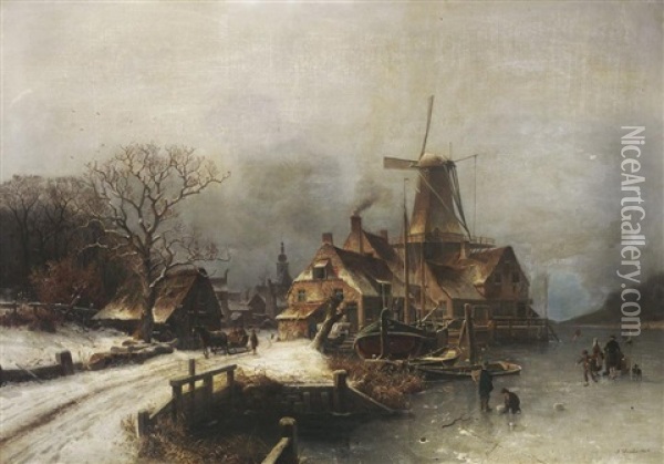 Verschneites Hollandisches Dorf Am Fluss Oil Painting - Johannes Bartholomaeus Duntze