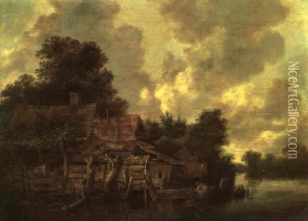 Figure Unloading A Rowing Boat Beside A Farmstead On A River Oil Painting - Cornelis Gerritsz Decker